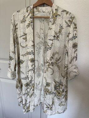 Hinge Lightweight Floral Kimono S White Green with Yellow & Black